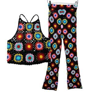 Forever 21 Granny Square Crochet Matching Set Small New Halter Top Flare Pants